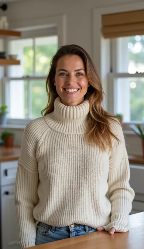 A 35-year-old woman in a turtleneck sweater, standing in a bright, modern kitchen.