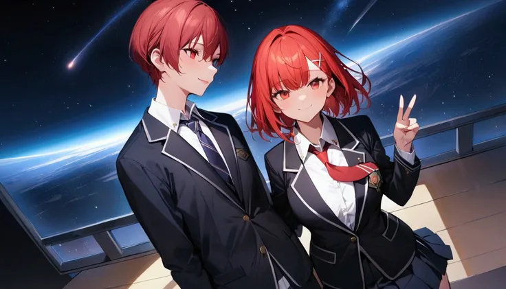  short hair with shadows, ( red hair:1.2), X Hair Ornament, Red Eyes, ties,  girl ,One person,  collared shirt ,  white shirt,  Long Sleeve ,  pleated skirt , student,  blazer、uniform、 top quality , masterpiece,  high res,chest、smile、highest quality, intri...