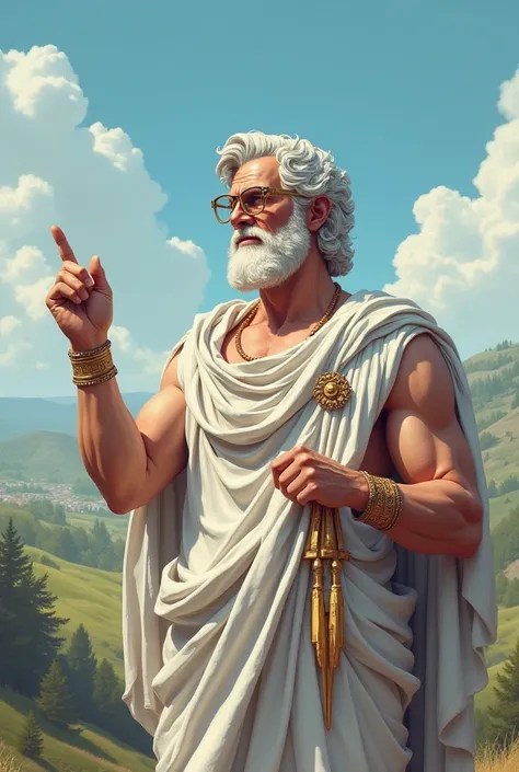 Drawing of Greek God with glasses pointing with his left hand pointing to the left 