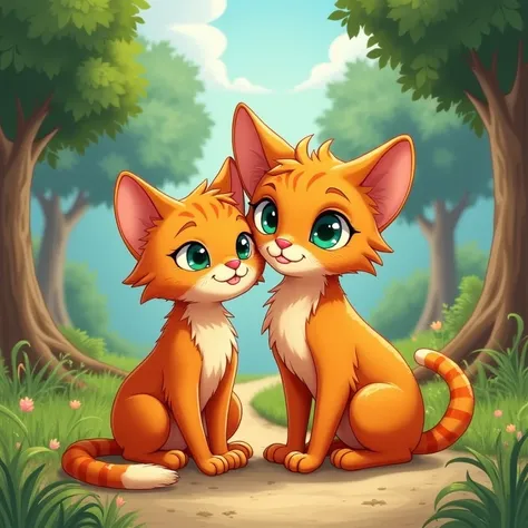 Illustration of a brave orange tabby cat with bright green eyes, confidently sitting next to the . Lily has her hand resting on Whiskers, looking determined. The background features trees and a winding path leading out of the village, hinting at their adve...