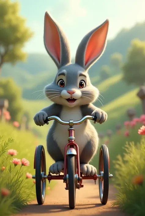  A grey and white long eared bunny rides a  three wheeler bike 