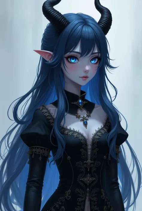 a tall girl with gray-blue skin , black horns, with long and sharp ears ,  with blue eyes that dont show pupils and squirrels ,  her hair is dark blue long and slightly wavy to the ends ,  she is wearing a long and black noble dress with an open neckline