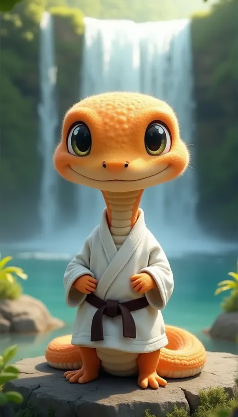 a snake 、no hands、My head is very small、wearing a karate outfit　with a big head、karategi,karate,Realistic、kawaii、waterfall, cute、 eyes are twinkling、 has big eyes、Fluffy body
