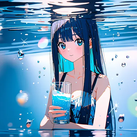  super detailed , 8k, Glass, Water in a Glass, （dark blue hair）bubble,   light blue water, Nice,  bright , longhair , straight hair, cute girl,In the water