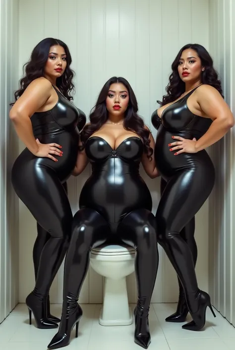 Group of chubby asians showing off their big asses in Latex on 1 toilet