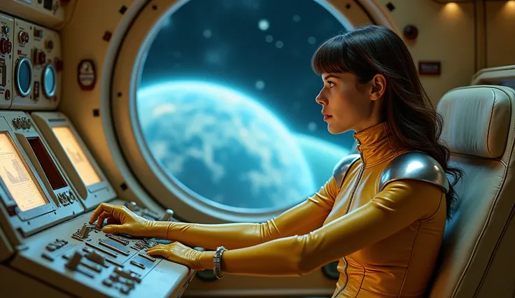 Ultra-realistic scene of a gorgeous brunette woman seated on a control panel inside a 1950s-inspired spaceship. She wears a tight, shiny gold latex space suit with chrome shoulder designs, her helmet resting beside her. Through the window, a glowing blue p...