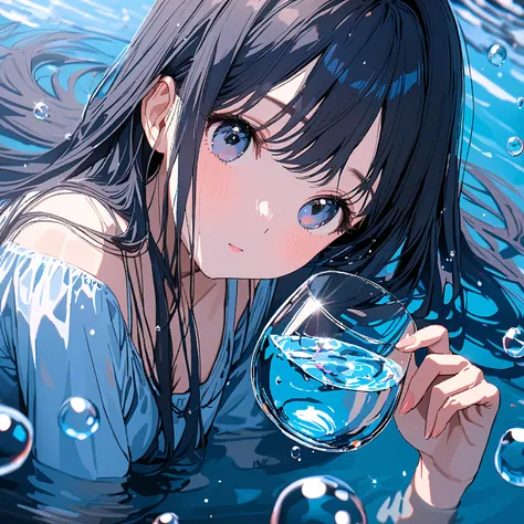  super detailed , 8k, Glass, Water in a Glass, （dark blue hair）bubble,   light blue water, Nice,  bright , longhair , straight hair, cute girl,In the water