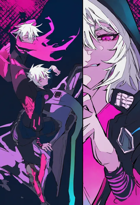 attractive matured and hot anime guy with white hair and pink eyes in half white half pink cyberpunk hoodie. trippie background