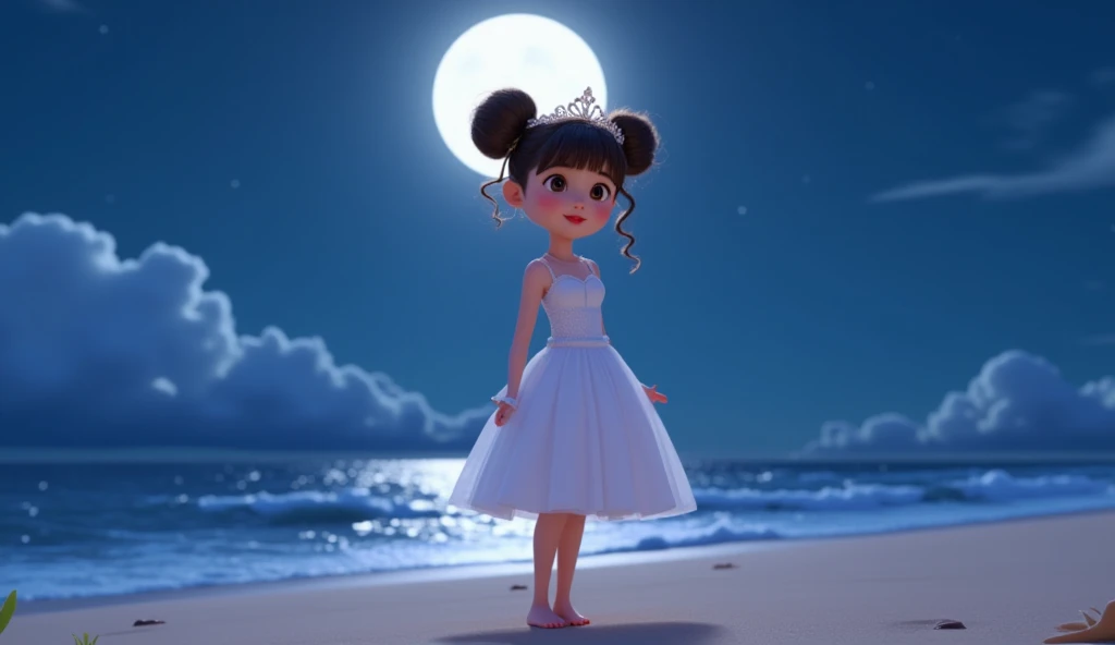 The style is hyper realistic pixar with a vibrant color palette, a woman, cute and adorable with her hair into two buns on top and bangs, wearing a white princess dress, with a tiara crown, barefoot, night, full moon, beachside, moonlight adds to the grace...