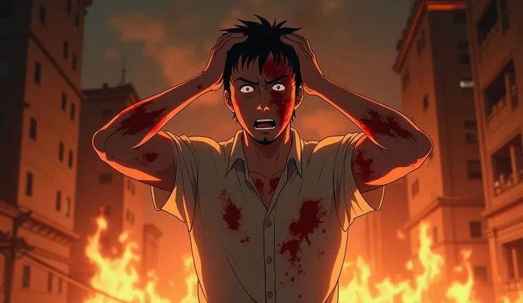 Anime, A Japanese man with burn  wounds  all over his body and face in the 1940s, , he looks shocked and surprised and terrified, he is wearing a shirt,  he is standing holding his head in pain, the building  he is in is destroyed,everything around him is ...