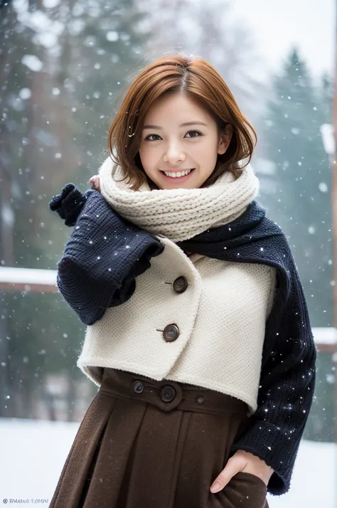 (8k, RAW photo, photorealistic, HQ, masterpiece), a cute Japanese girl,(glowing eyes), 
(smile:1.2), brown hair, fluffy Pixie Bob hair, large breasts, (Stylish winter outfits, Scarf, coat, long skirt), 
standing pose, Seductive pose, (The weather is a snow...