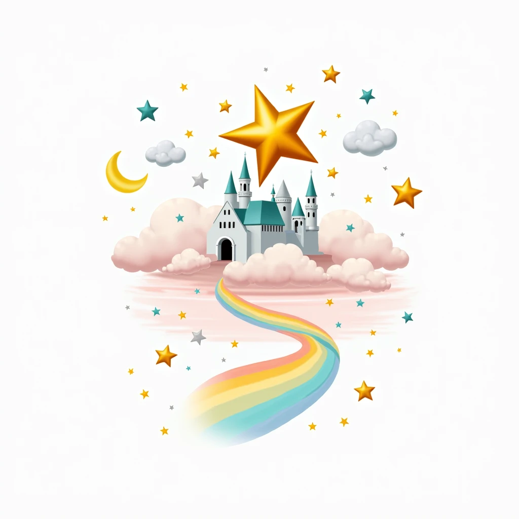 A whimsical, pastel-toned landscape. A large, golden star-shaped object is suspended amongst fluffy, pink and light-blue clouds, which fill the upper portion of the image. A stylized castle, rendered in shades of teal and grey, sits atop a cloud cluster, c...