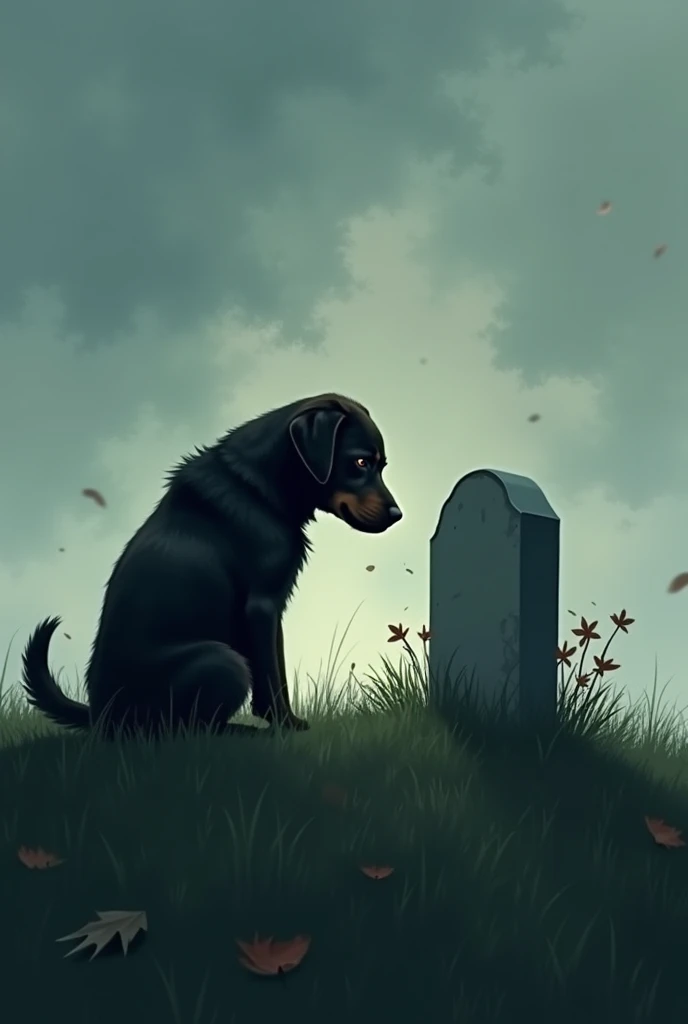 A picture of a dog crying on his fathers grave