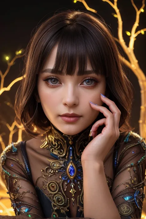 Vivid colors, masterpiece, ((HDR)), absurd, intricate details, sharp focus, depth of field, dramatic lighting, mature woman, careless bangs, shiny mechanical body, beautifully lit limbs, beautiful fingertips