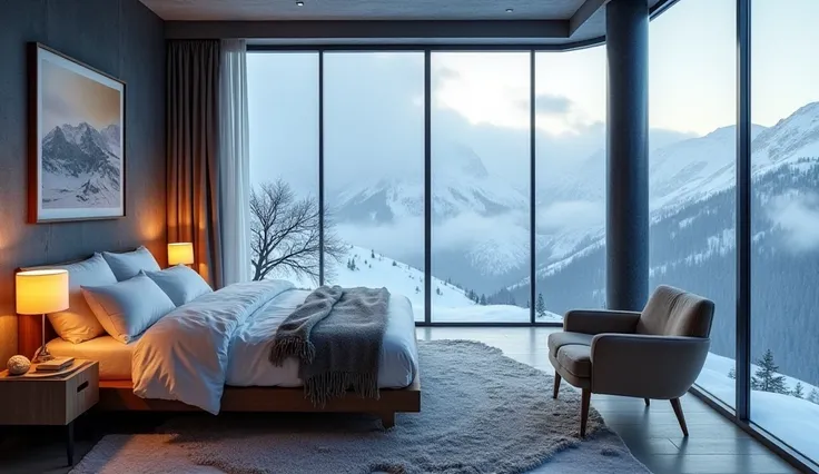 A cozy bedroom with a plush bed, a warm bedside lamp, and a stylish armchair, a fireplace glowing softly, all within a glass cube perched atop a snow-capped mountain peak. A blizzard rages outside, with swirling snow and icy winds, but the room remains war...