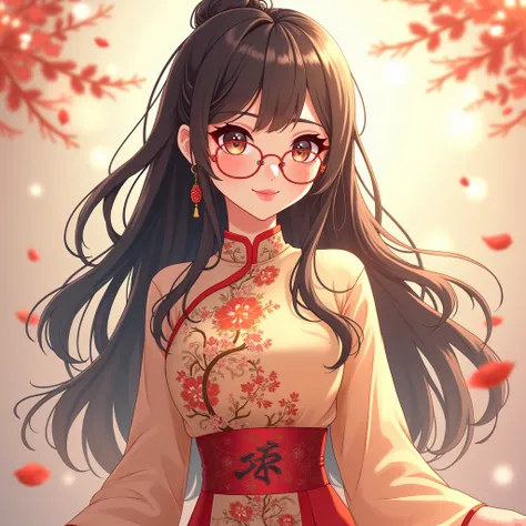 a cute beautiful woman smiling , wearing chinese costumes , wearing modern glasses ,  anime style 