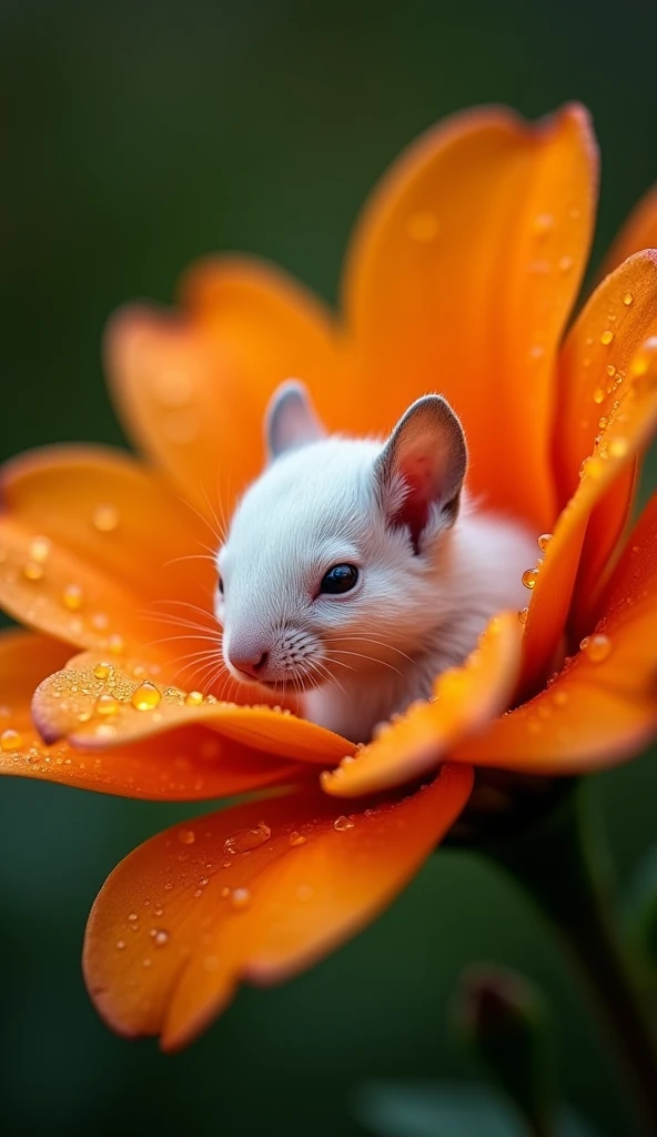  a small kitten , with white fur,  dormant in the center of an orange-orange flower petal ,  covered with dew .  A flor, in deep focus , It is the center of the composition ,  with the squirrel located inside it ,  occupying almost the entire foreground . ...