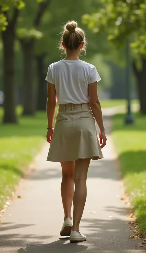 A 37-year-old woman in a knee-length skirt, walking through a quiet park path.