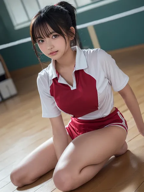 masutepiece、Best Quality、Illustration、 ultra-detailliert、hight resolution、8K Wallpapers、Perfect dynamic composition, locker room,1girl, 18 age, Beautiful detailed eyes、(huge-breasted,F-cup:1.3), (A-little-open-neck Red Volleyball Uniform:1.3)、Red bloomer、B...