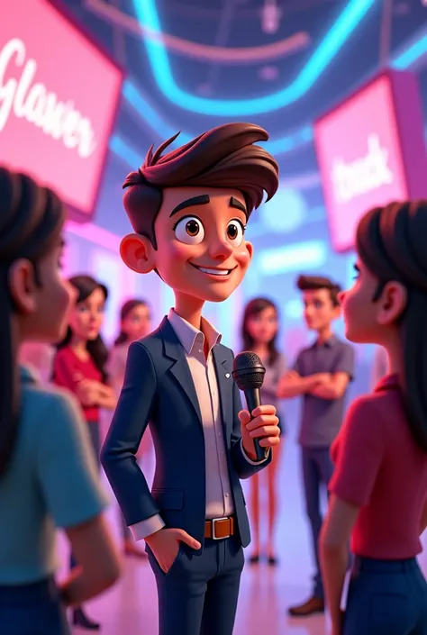 A 25 age cartoon character boy interviewing girls with his news mic with neon lights 