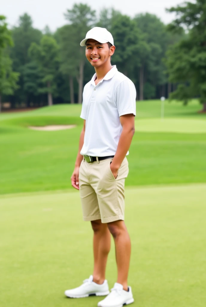 A young man playing golf, wearing white cap, white polo shirt, and khaki shorts pairing with white shoes. Stand still in side view pose, smiling facing camera. Whole body picture, golf course background, blurry, in cinematic effect.