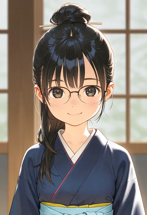 1girl, young, black long hair tied, wear glasses, cute smile, small breasts, kimono, very detailed, HD, plain background