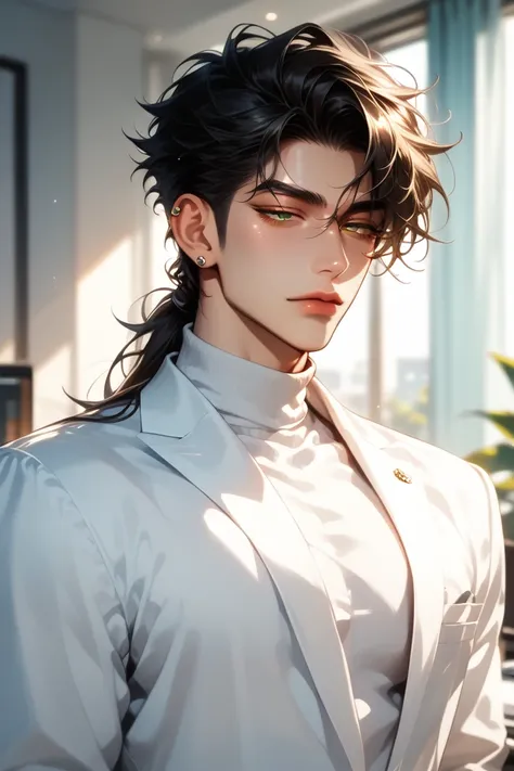 Adult male, Alone,  sexy,  broad shoulders, Hairstyle with long back hair ,   light blue and black hair,  hair that stretches like a curtain, Yellow-green eyes , ( half-closed eyes :1.1),  detailed description of eyes and face , Expressionless, 검은색 turtlen...