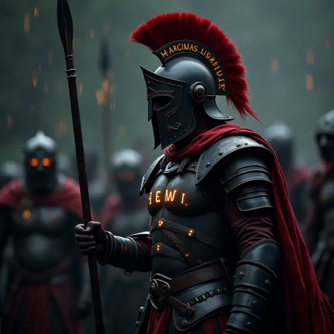  Gloomy scenario A warrior whose armor looks like that of a Spartan but deep black and with a shiny red cape in focus you see the Spartan from the side and the helmet.  He is holding a spear and in the background it is raining drops of fire . The crest of ...