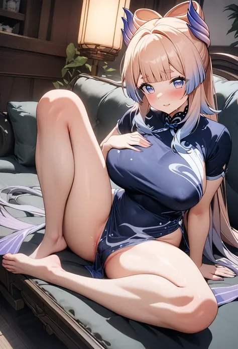 8k, masterpiece, best quality, ultra detailed, Ultra-high resolution, Highly detailed CG, break, 1girl, sangonomiya Kokomi(genshin impact), kawaii, nsfw, huge breasts, slender, (Cheongsam:1.2), full body, indoors, sitting on sofa
