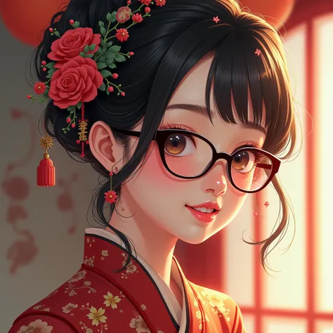 a cute beautiful woman smiling , wearing chinese costumes ,  wearing dark glasses  ,  anime style 