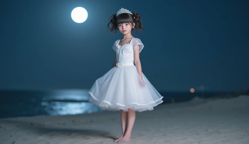 The style is hyper realistic, a woman, cute and adorable with her hair into two buns on top and bangs, wearing a white princess dress, with a tiara crown, barefoot, night, full moon, beachside, moonlight adds to the graceful impression of the female charac...