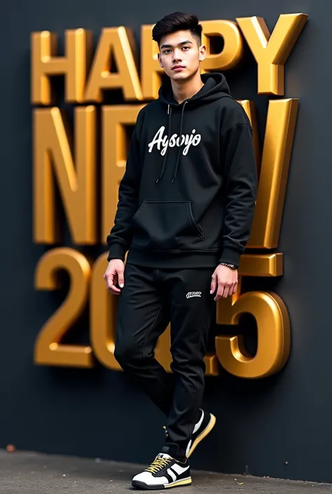 Create an image : Design a New Year greeting poster featuring a stylish young man wearing a black hoodie and sneakers. The hoodie should have the name "Aysorjo" written on it. The background should display a modern 3D text "HAPPY NEW YEAR 2025" in golden a...