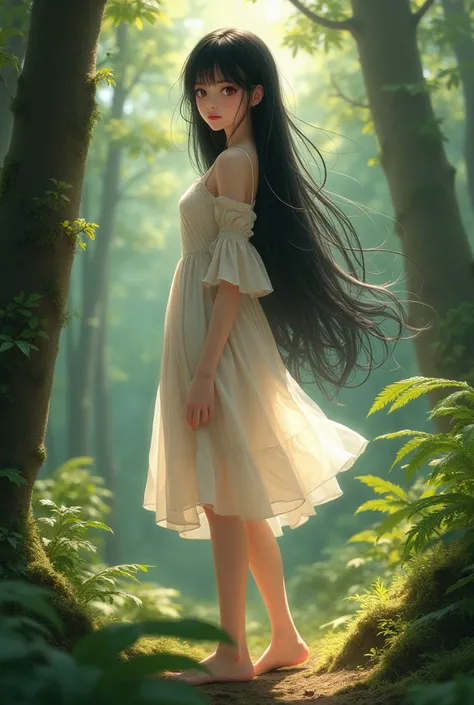 knee length Long black hair brown eyes girl with frock  full photo in forest