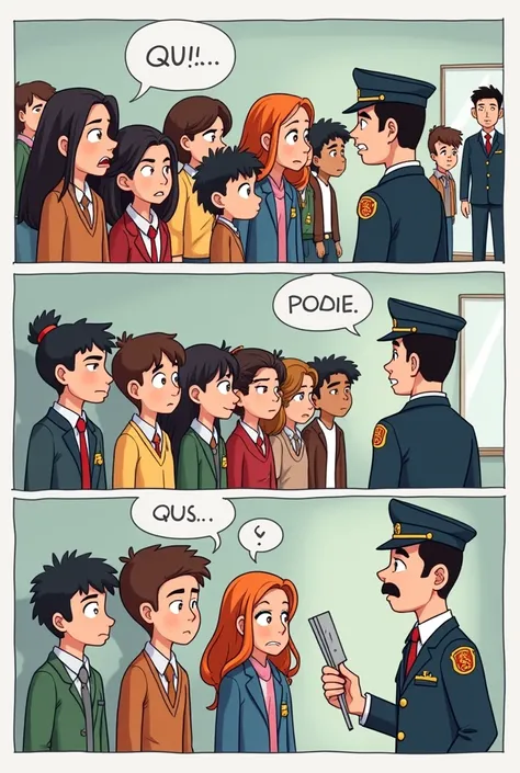 Generate a comic strip that illustrated a line of girls and boys Infront of them were a student inspector and in the back is a one student and a teacher