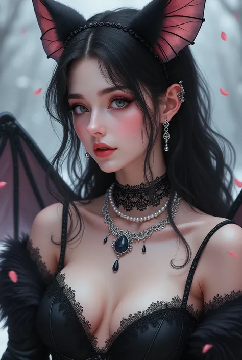  Design drawing ,  silver earrings ,  black pearl necklace ,  black cute bat , black wings, soft skin, 
Beautiful brunette, Lush bust,  around winter roses ,  A gentle look , A glance at the screen, pink 👀, soft skin,  black bat ears ,  on the ears pink fu...