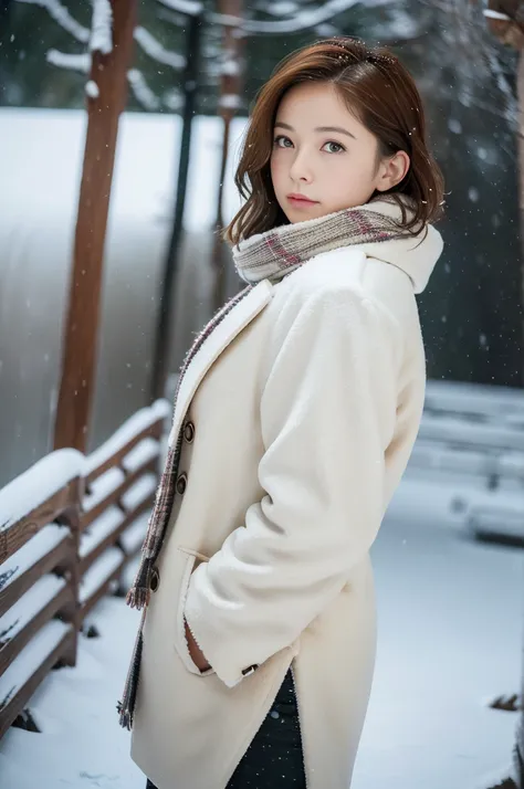 (8k, RAW photo, photorealistic, HQ, masterpiece), a cute Japanese girl,(glowing eyes), from side, profile, 
(), brown hair, fluffy Pixie Bob hair, large breasts, (Stylish winter outfits, Scarf, coat, long skirt), 
standing pose, Seductive pose, (snowstorm:...