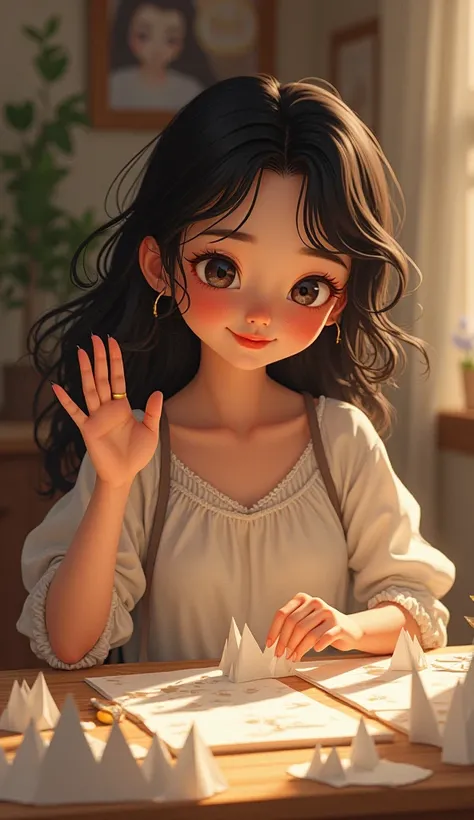 A beautiful girl is making a paper craft and waving hi to someone.