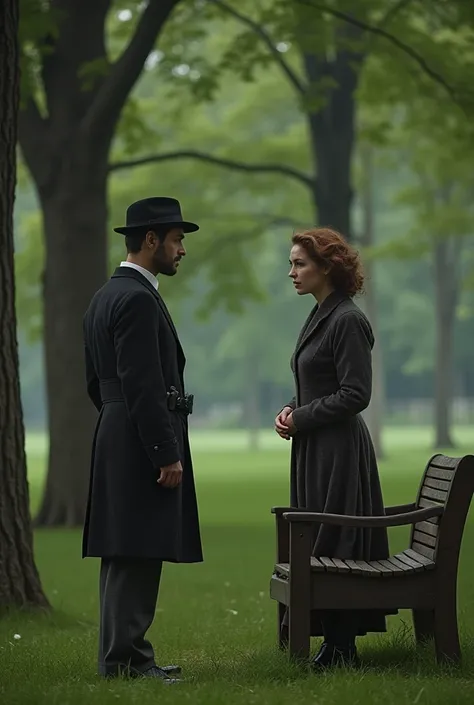  A thin and introspective man ,  dressed in simple clothes from the 1920s ,  talks to a  who is crying in a green park. The setting has tall trees ,  a wooden bench and a melancholic atmosphere , but comforting."