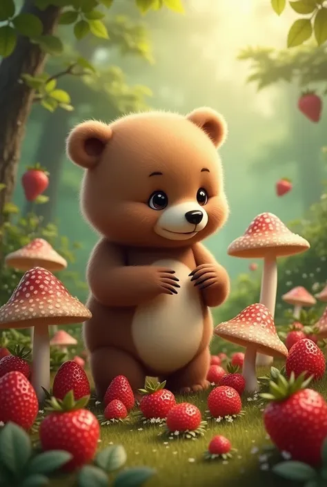 Bear with strawberries and mushrooms
