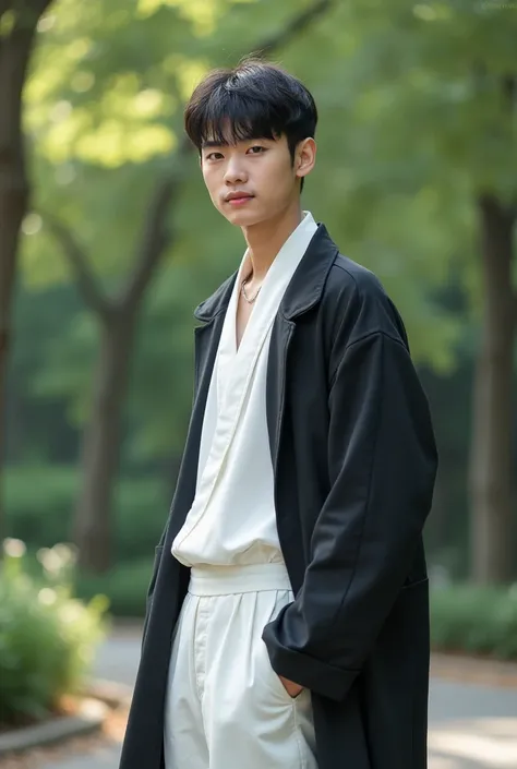 A 20 year whitish skin Old boy standing in Park looking towards cameraman with an angle of 60 wearing white clothes and black coat