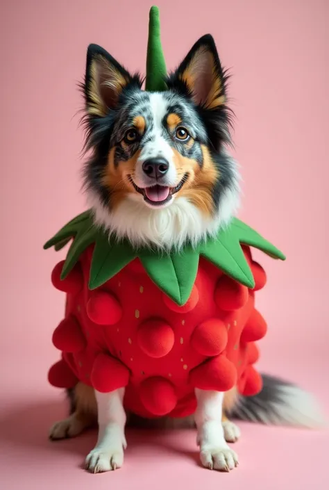 Blue Merle Australian Shepherd as strawberry costume