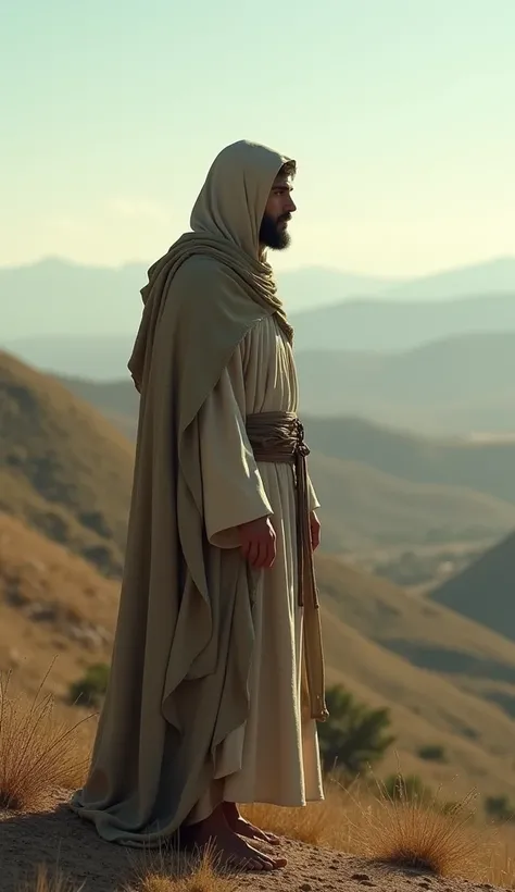 A person in biblical attire, standing on a hilltop, looking towards the horizon with a determined expression, symbolizing unwavering trust in God.