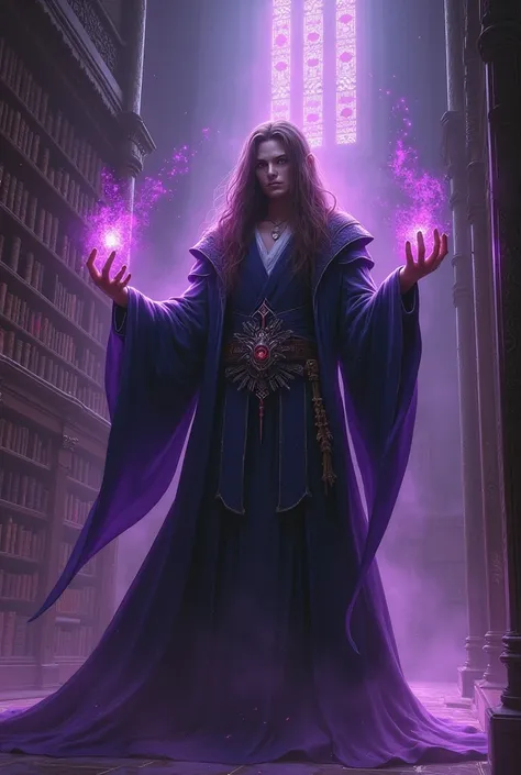 A man necromancer with elfs eyes and with brown shot hair in a library with violet lights que lon peux voir entierement 