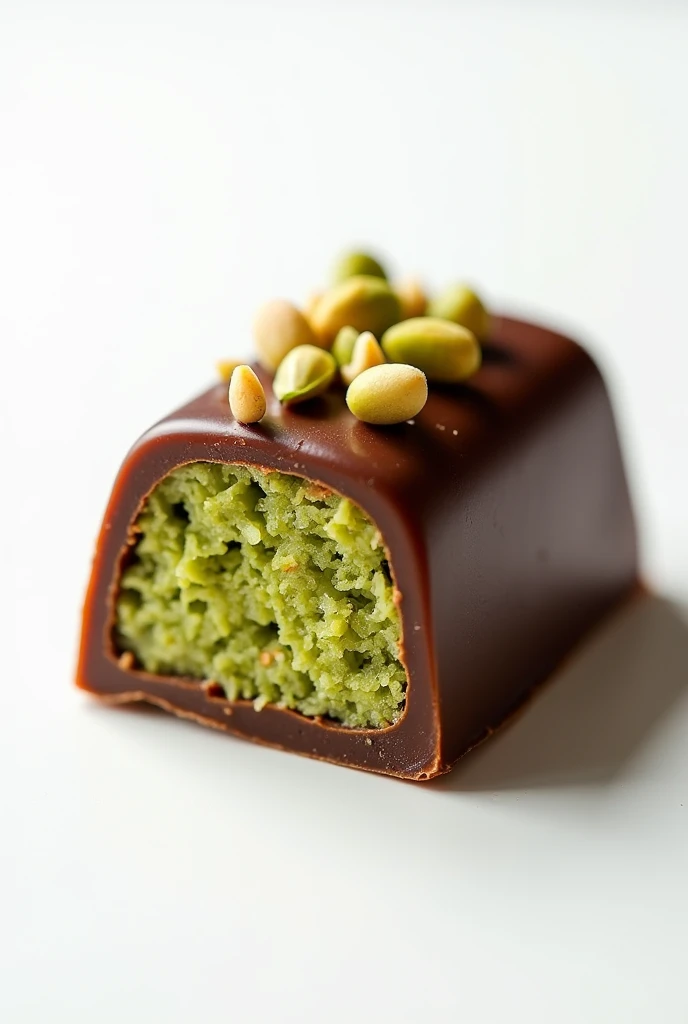 A high-quality, close-up image of a small, single-piece chocolate bar with green kunafa and pistachio filling, displayed on a clean white background. The chocolate bar is smooth, glossy, and rich brown in color. It is slightly broken open to reveal the vib...