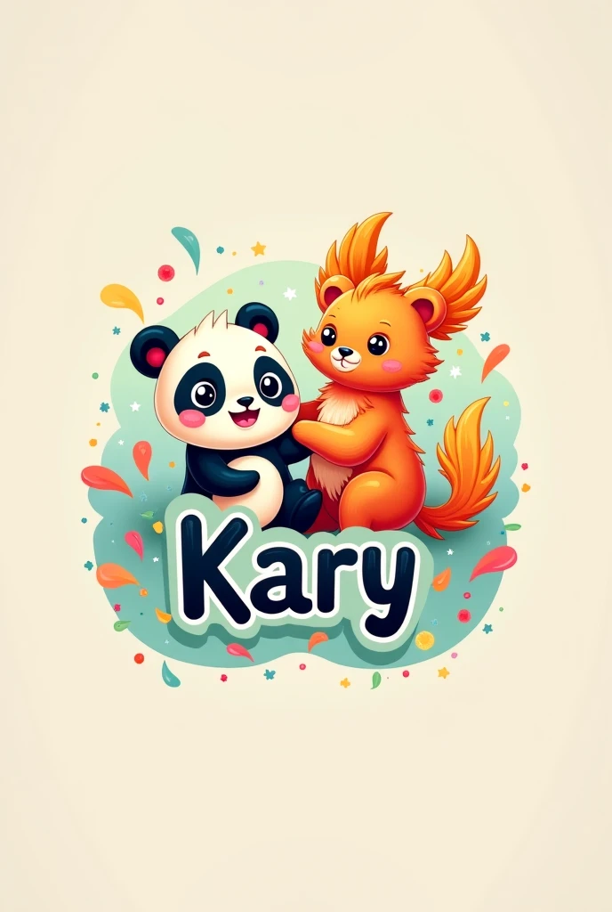 Logo with the name of Kary with cute panda and Phoenix bear,  animated