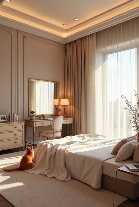  Show me a huge and luxurious room ,  with modest style , with neutral colors,  with a heavenly style with various lights and princess-like decorations,  with a veiled bed , your dressing table ,  the closet ,  a carpet and an orange cat with the cats bed ...