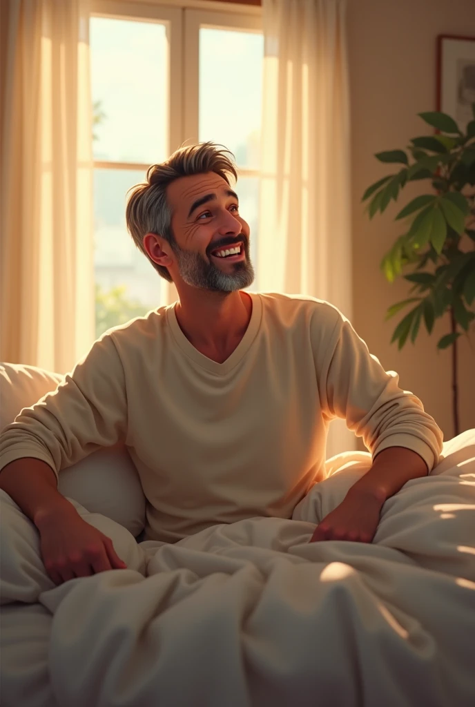 man getting out of bed , Thoughtful,  smiling wanting to start the day very well