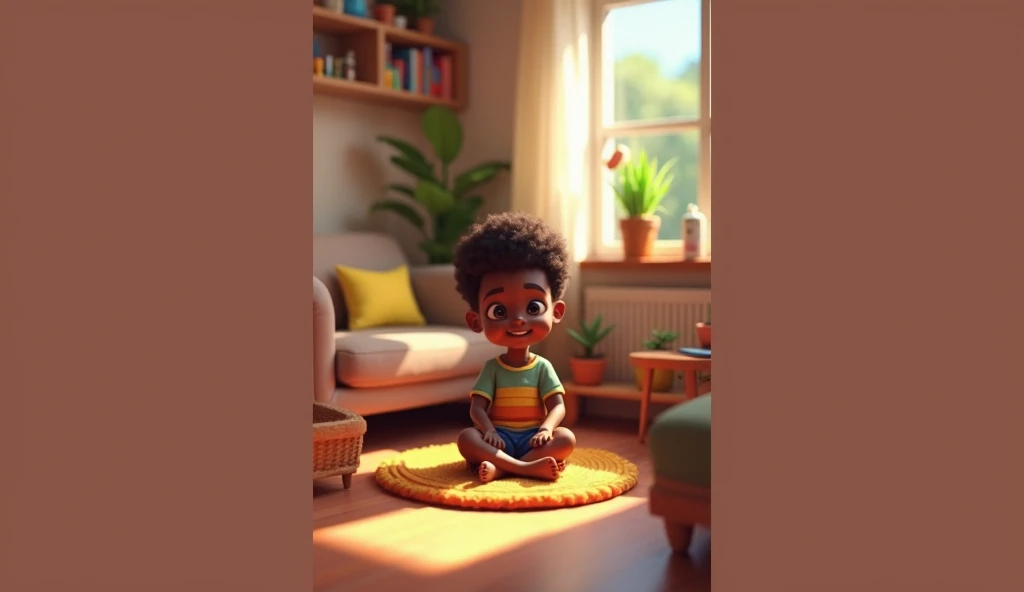 A young African boy sitting in a cozy home environment in 3D pixel art style. The boy has short curly hair, wearing a colorful t-shirt and shorts. He’s surrounded by household items like a small couch, a wooden table, and a bookshelf with books and plants....