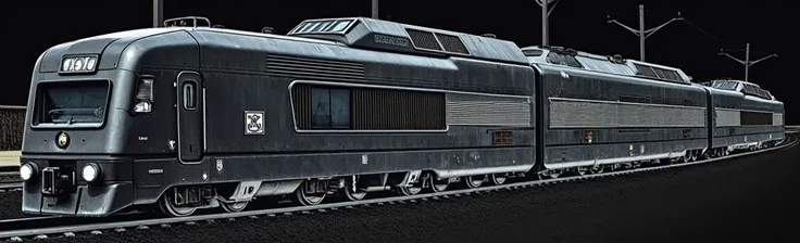 realistic, Cadillac car warbonnet style body gas turbine locomotive with sharp squared edges, a long tall bonnet nose and a tiny letter box windscreen travelling through an orange rocky desert, telegraph poles near tracks, (((very long slender thin locomot...