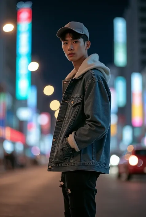 An ultra-detailed photograph features a young and handsome Korean man, looking at viewer, captured from the side, standing pose The man has wearing topi baseball hitam, wears a grey denim jacket, ripped black jeans, and white sneakers. The image is shot in...